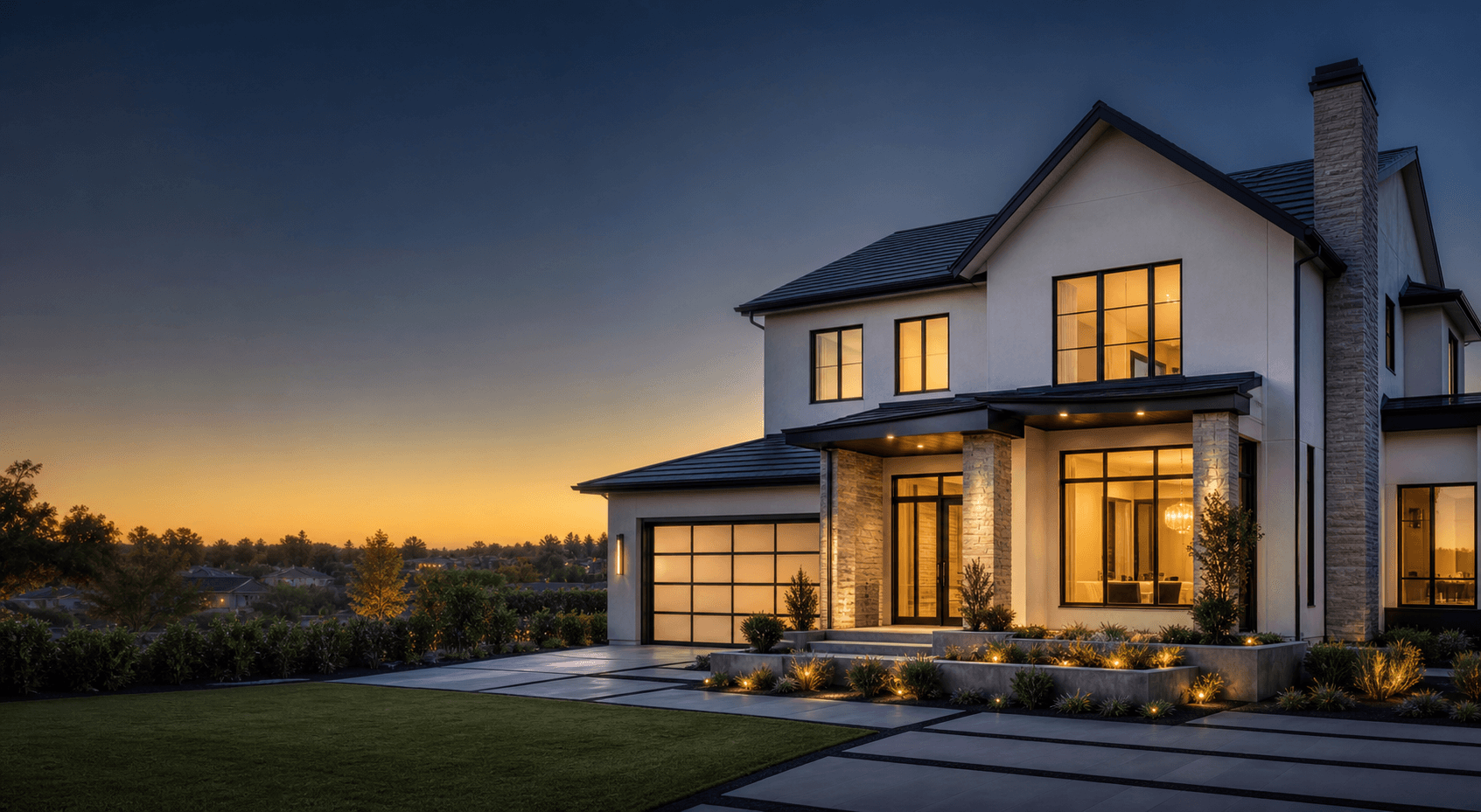 Modern home at sunset